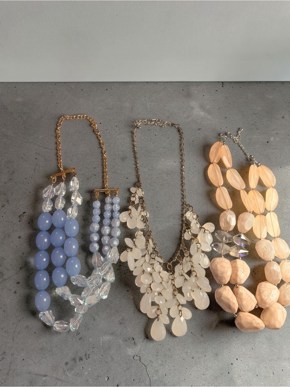 Multi-Strand White and Light Blue Statement Necklace Set